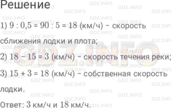 Решение 1: Номер №403 — ГДЗ по Математике 6 класс: Дорофеев Г.В. | Лодка и плот плывут по реке навстречу друг другу. Расстояние между ними равно 9 км. Через 0,5 ч лодка и плот встречаются. Лодка плывет со скоростью 15 км/ч. Чему равна скорость течения реки и собственная скорость лодки?