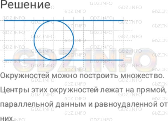 Решение 1: Номер №411 — ГДЗ по Математике 6 класс: Дорофеев Г.В. | Начертите две параллельные прямые. Постройте какую − нибудь окружность, для которой эти прямые являются касательными. Сколько таких окружностей можно построить? Где лежат их центры?