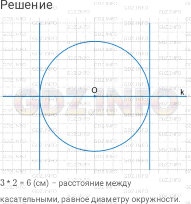 Решение 1: Номер №506 — ГДЗ по Математике 6 класс: Дорофеев Г.В. | Начертите окружность радиусом 3 см. Через центр окружности проведите прямую k. Постройте касательные к окружности, перпендикулярные прямой k. Чему равно расстояние между этими касательными?