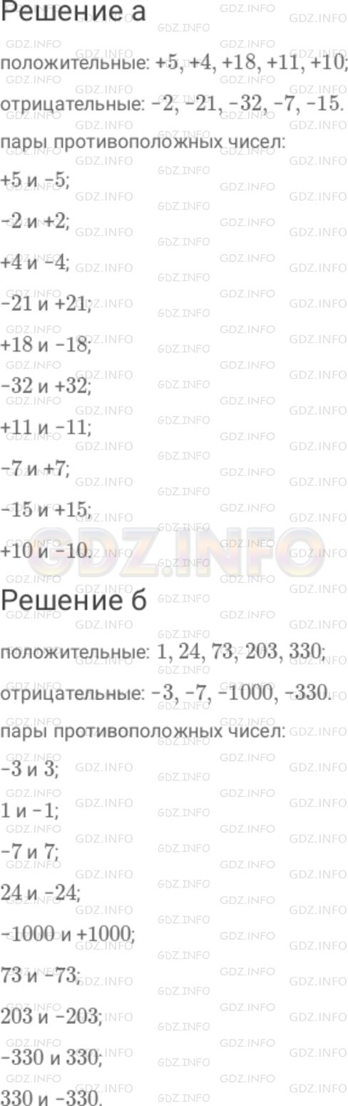 Решение 1: Номер №714 — ГДЗ по Математике 6 класс: Дорофеев Г.В. | Среди данных чисел найдите положительные и отрицательные ; затем для каждого числа назовите число, ему противоположное : а) + 5, − 2, + 4, − 21, + 18, − 32, + 11, − 7, − 15, 0, + 10 ; б) − 3, 1, − 7, 0, 24, − 1000, 73, 203, − 330, 330 .