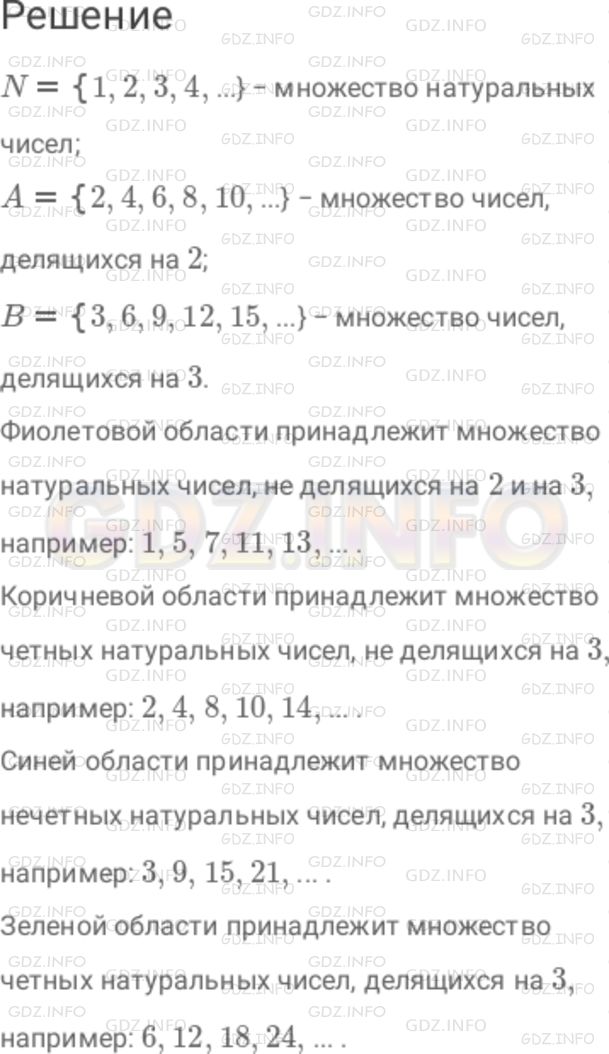 Решение 1: Номер №825 — ГДЗ по Математике 6 класс: Дорофеев Г.В. | На рисунке 10 . 7 большой круг изображает множество натуральных чисел N, а два малых − его подмножества : A − множество чисел, делящихся на 2, B − множество чисел, делящихся на 3 . Большой круг разбивается малыми на четыре области. (Они закрашены разными цветами.) Какие числа соответствуют каждой из этих областей? Опишите их словами и приведите примеры.