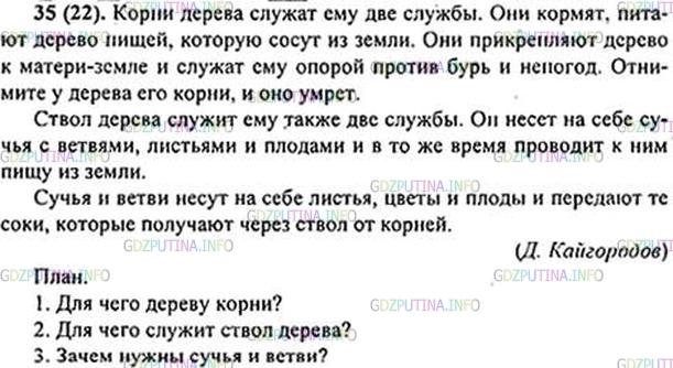 Решение 1: Номер №35 — ГДЗ по Русскому языку 6 класс: Ладыженская Т.А. | Прочитайте и озаглавьте текст. Спишите, расставляя пропущенные запятые. Обозначьте морфемы, в которых пропущены буквы. • Какими членами предложения являются выделенные слова? • Составьте простой план текста, используя вопросительные предложения.<br /><br />Корни дерева служ..т3 ему две службы. Они корм..т п..тают дерево пищ..й, которую сосут из земли. Они прикр..пляют дерево к матер..-земле и служ..т ему опорой против бурь и непогод. Отнимите у дерева его корни, и оно умрёт.<br /><br />Ствол дерева служ..т ему также две службы. Он н..сёт на себе сучья с ветвями листьями и пл..дами и в то же время провод..т к ним пищу из земли.<br /><br />Сучья и ветви н..сут на себе листья цветы и пл..ды и перед..ют те соки, которые получают через ствол от корней.(Д. Кайгородов)
