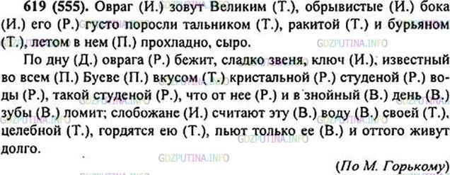 Решение 1: Номер №619 — ГДЗ по Русскому языку 6 класс: Ладыженская Т.А. | Спишите. Укажите падежи именных частей речи.<br /><br />Овраг з..вут Великим, обрывистые бока его густо пор..cли тальником, ракитой и бур(?)яном, летом (в)нём прохладно, сыро.<br /><br />По дну оврага б..жит, сладко звеня, ключ(?), известный во всём Буеве вкусом кр..стальной студёной воды, такой студёной, что (от)неё и в знойный летний день зубы лом..т; слобожане считают эту воду своей, ц..лебной, гордят(?)ся ею, п(?)ют только её и оттого ж..вут долго.(По М. Горькому)