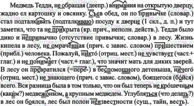 Решение 1: Номер №195 — ГДЗ по Русскому языку 7 класс: Ладыженская Т.А. | Спишите, расставляя пропущенные запятые, раскрывая скобки. Проанализируйте и обозначьте условия выбора раздельного написания не со словами. Выделите приставку не-.<br /><br />1. Медведь Тедди (не)обращая внимания на открытую дверцу жадно ел картошку и овсянку. 2. С(ь, ъ)ев обед он по пр..вычке стал подталкивать посуду к дверц.. и тут заметил, что та (не)пр..крыта. 3. Тедди было дико и (не)пр..вычно в лесу. 4. Жизнь кипела в лесу (не)омрачё(н, нн)ая прошествием человека. 5. Пожалуй, (ни)кто (не)чувству..т и (не)пон..мает, что значит мать для диких зверей. 6. В лесу он превратился в бе..помощ(?)ного детёныша (ни)чего (не)знающего б..ящегося всего. 7. Вся разница была в том только, что он был теперь (не)крошечн..м медвеж..нком а крупн..м медведем. 8. Углублят(?)ся в лес он б..ялся лес был полон (не)извес(?)ности.(Ю. Казаков)