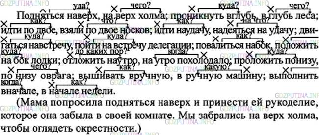 Решение 1: Номер №285 — ГДЗ по Русскому языку 7 класс: Ладыженская Т.А. | Спишите, раскрывая скобки. Обозначьте в словосочетаниях главные и зависимые слова. Надпишите вопрос, на который отвечают зависимые слова. Наречия подчеркните.<br /><br />Подняться (на)верх, (на)верх холма; проникнуть (в)глубь, (в)глубь леса; идти (по)двое, взяли (по)двое носков; идти (на)удачу, надеяться (на)удачу; двигаться (на)встречу, пойти (на)встречу друзей; повалиться (на)бок, положить (на)бок лодки; отложить (на)утро, (на)утро похолодало; проложить (по)низу, (по)низу оврага; вышивать (в)ручную, (в)ручную вязку; выполнить (в)начале, (в)начале недели.по́ двое<br />по́ трое
