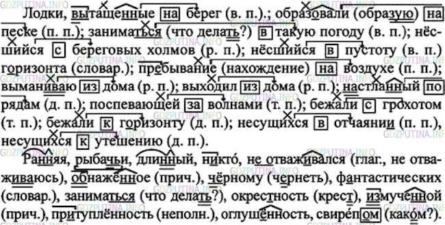 Решение 1: Номер №352 — ГДЗ по Русскому языку 7 класс: Ладыженская Т.А. | Прочитайте, выделяя голосом те слова, которые автор использует, чтобы нарисовать холодную весну. Выпишите словосочетания, в которых зависимое слово присоединено к главному при помощи предлога. Укажите падеж зависимого слова. Выпишите остальные слова с пропусками и со скобками.<br /><br />Была весна, ра(н, нн)яя и суровая, как зима. Недели три дул резкий береговой норд. Рыбач(?)и лодки, вытаще(н, нн)ые на берег, образ..вали на белом песке дли(н, нн)ый ряд тёмных килей, напоминающих хребты огромных рыб. (Ни)кто (не)отваживался занят(?)ся промыслом в такую погоду. Холодный вихрь, несшийся с береговых холмов в пустоту г..ризонта, делал пребывание на воздухе суровой пыткой. Волны с грохотом бежали к ч..рному, штормовому горизонту, наполняли пространство стадами фантастических гривастых существ, несущихся в свиреп..м отч..янии к далёкому утешению.(По А. Грину)