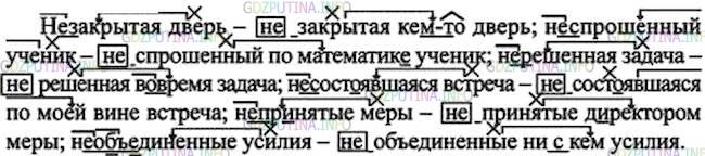 Решение 1: Номер №441 — ГДЗ по Русскому языку 7 класс: Ладыженская Т.А. | Составьте из данных слов: 1) словосочетание «причастие с приставкой не- + существительное»; 2) причастный оборот (полное причастие с частицей не и зависимым словом), относящийся к существительному.<br /><br />Образец. Невстреченный гость - не встреченный хозяйкой гость.<br /><br />Закрыть — дверь, кем(то); спросить — ученик, по математик..; решить — задача, (во)время; состояться — встреча, по моей вине; принять — меры, д..ректором; объединить — усилия, (ни)кем.
