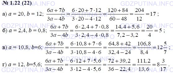 Решение 1: Задание №1.22 — ГДЗ по Алгебре 7 класс: Мордкович А.Г. | 6а + 7b/3a – 4b, если:<br />а) a = 20, b =12;<br />б) a = 2,4, b = 0,84<br />в) a = 10,8, b = 6;<br />г) a = 12, b = 5,6;