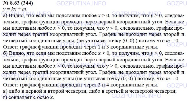 Решение 1: Задание №8.63 — ГДЗ по Алгебре 7 класс: Мордкович А.Г. | Как расположен в координатной плоскости хОу график линейной функции у = kx + m, если известно, что:<br />а) k > 0, m = 0;<br />б) k < 0, m = 0;<br />в) k = 0, m не равно 0;<br />г) k = 0, m = 0?