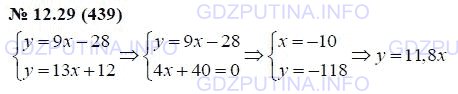 Решение 1: Задание №12.29 — ГДЗ по Алгебре 7 класс: Мордкович А.Г. | Составьте уравнение прямой, проходящей через начало координат и точку пересечения прямых у = 9х - 28 и у = 13х + 12.