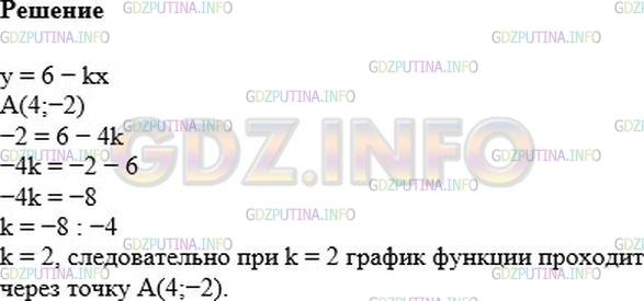 Решение 1: Номер №1042 — ГДЗ по Алгебре 7 класс: Мерзляк А.Г. | Функция задана формулой y = 6 − kx. При каком значении k график функции проходит через точку A(4;−2)?