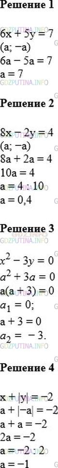 Решение 1: Номер №1219 — ГДЗ по Алгебре 7 класс: Мерзляк А.Г. | При каком значении a пара (a; −a) является решением уравнения:<br />1) 6x + 5y = 7;<br />2) 8x − 2y = 4;<br />3) x^2 − 3y = 0;<br />4) x + |y| = −2?