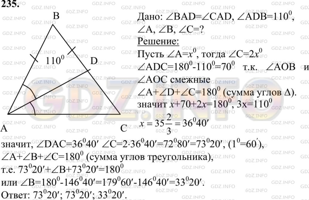 Решение 1: Номер №235 — ГДЗ по Геометрии 7-9 класс: Атанасян Л.С. | В равнобедренном треугольнике ABC с основанием АС проведена биссектриса AD. Найдите углы этого треугольника, если ∠ADB = 110°.