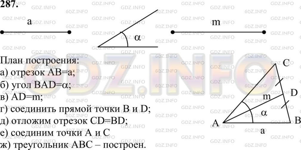 Решение 1: Номер №287 — ГДЗ по Геометрии 7-9 класс: Атанасян Л.С. | Постройте треугольник по стороне, медиане, проведенной к одной из двух других сторон, и углу между данными стороной и медианой.