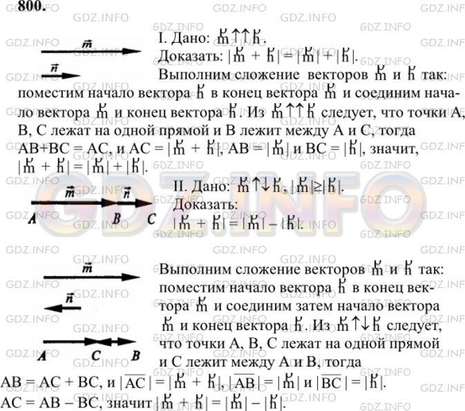 Решение 1: Номер №800 — ГДЗ по Геометрии 7-9 класс: Атанасян Л.С. | Докажите, что если векторы m и n сонаправлены, то |m+n|=|m|+ |n|, а если тип противоположно направлены, причем |m| ≥|n|, то |m+n| = |m|-|n|.