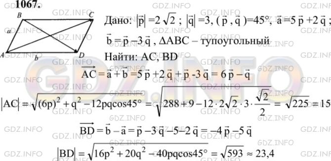 Решение 1: Номер №1067 — ГДЗ по Геометрии 7-9 класс: Атанасян Л.С. | Найдите диагонали параллелограмма, построенного на векторах а = 5р + 2q и b=p-3q , если |р| = 2√2 , | q | = 3 и p^q = 45°.