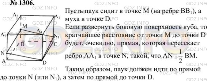 Решение 1: Номер №1306 — ГДЗ по Геометрии 7-9 класс: Атанасян Л.С. | Комната имеет форму куба. Паук, сидящий в середине ребра, хочет, двигаясь по кратчайшему пути, поймать муху, сидящую в одной из самых удаленных от него вершин куба. Как должен двигаться паук?