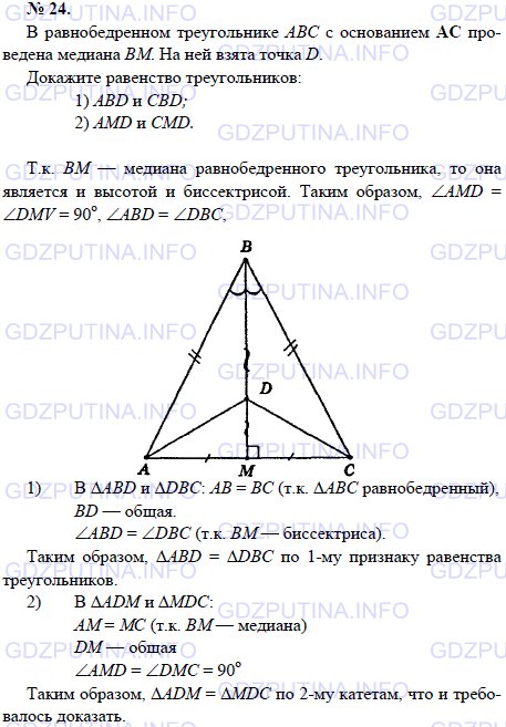 Решение 1: Задача №24, Параграф 3 — ГДЗ по Геометрии 7-9 класс: Погорелов А.В. | В равнобедренном треугольнике ABC с основанием АС проведена медиана ВМ.<br /><br />На ней взята точка D.<br /><br />Докажите равенство треугольников: 1) ABD и CBD; 2) AMD и CMD