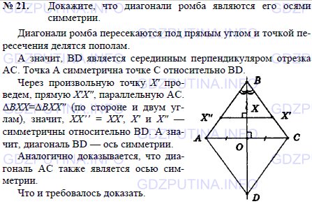 Решение 1: Задача №21, Параграф 9 — ГДЗ по Геометрии 7-9 класс: Погорелов А.В. | Докажите, что диагонали ромба являются его осями симметрии.