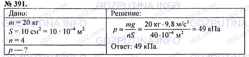 Решение 1: Номер задания №391 — ГДЗ по Физике 7-9 класс: Пёрышкин А.В. (сборник задач) | Масса стола 20 кг, площадь каждой из четырех ножек равна 10 см2? Какое давление производит стол на пол?