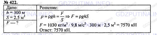 Решение 1: Номер задания №422 — ГДЗ по Физике 7-9 класс: Пёрышкин А.В. (сборник задач) | Для спуска водолаза на очень большую глубину применяется специальный металлический скафандр (рис. 50). Какую силу давления должен выдержать этот скафандр на глубине 300 м, если общая поверхность скафандра составляет 2,5 м2?