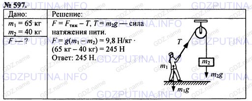 Решение 1: Номер задания №597 — ГДЗ по Физике 7-9 класс: Пёрышкин А.В. (сборник задач) | Какое давление на землю производит строитель массой 65 кг, равномерно поднимая на неподвижном блоке мешок с песком массой 40 кг?