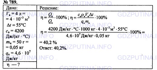 Решение 1: Номер задания №789 — ГДЗ по Физике 7-9 класс: Пёрышкин А.В. (сборник задач) | При нагревании 4 л воды на 55 °С в примусе сгорело 50 г керосина. Каков КПД примуса?