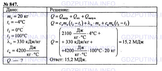 Решение 1: Номер задания №847 — ГДЗ по Физике 7-9 класс: Пёрышкин А.В. (сборник задач) | Рассчитайте количество теплоты, потребное для превращения 20 кг льда при -4 °С в воду при 100 °С.