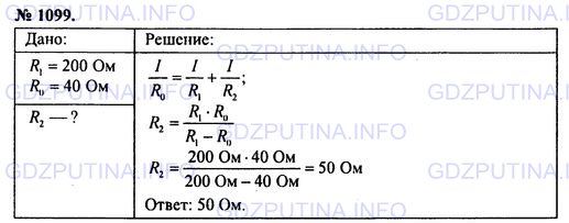 Решение 1: Номер задания №1099 — ГДЗ по Физике 7-9 класс: Пёрышкин А.В. (сборник задач) | Проводник сопротивлением 200 Ом включен параллельно с неизвестным сопротивлением так, что общее сопротивление стало 40 Ом. Найдите неизвестное сопротивление.