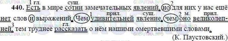 Решение 1: Номер №439 — ГДЗ по Русскому языку 8 класс: Ладыженская Т.А. | Спишите, поставьте разделительные или выделительные запятые, действуя по инструкции, данной в предыдущем упражнении. Используйте графические условные обозначения.<br /><br />Есть в мире сотни зам..чательных явлений но для них у нас ещё нет слов нет выражений. Чем уд..вительнее явление чем оно в..ликолепней тем труднее рассказать о нём нашими ом..ртвевш..ми словами.(К. Паустовский)