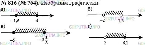 Решение 1: Номер задания №816 — ГДЗ по Алгебре 8 класс: Макарычев Ю.Н. | Изобразите на координатной прямой множество чисел, удовлетворяющих двойному неравенству:<br />а) -1,5 ≤ х ≤ 4; в) -5 ≤ х ≤ -3 1/3;<br />б) -2 < х < 1,3; г) 2 < х ≤ 6,1.
