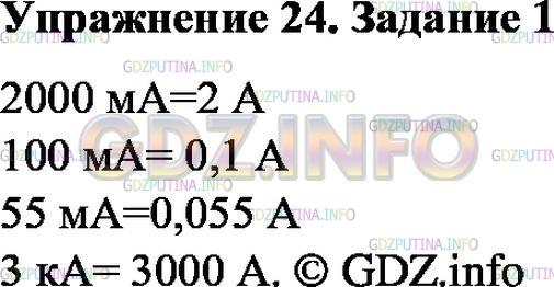 Решение 1: Упражнение 24 №1, Параграф 37 — ГДЗ по Физике 8 класс: Пёрышкин А.В. | Выразите в амперах силу тока, равную 2000 мА; 100 мА; 55 мА; 3 кА.