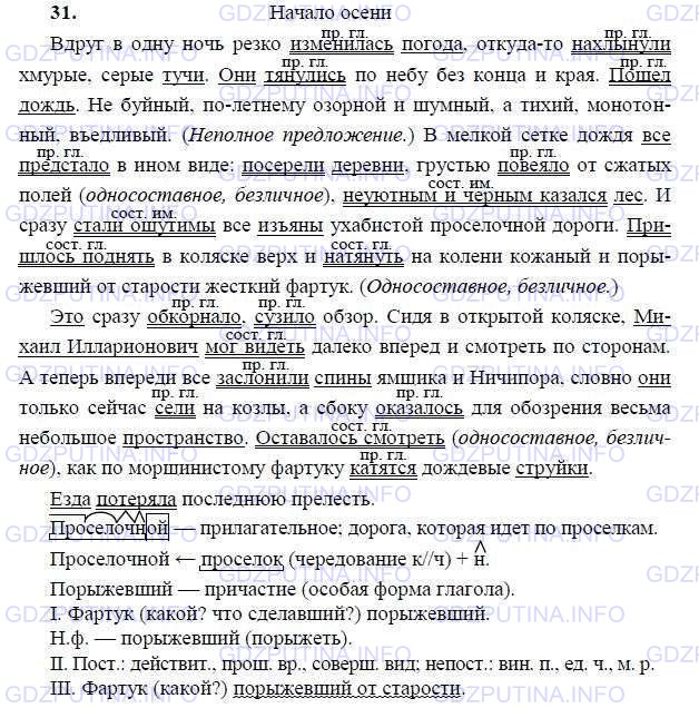 Решение 1: Номер №31 — ГДЗ по Русскому языку 9 класс: Ладыженская Т.А. | Озаглавьте и запишите отрывок из исторического романа Л. Раковского «Кутузов». Раскройте скобки и вставьте пропущенные буквы. Подчеркните грамматические основы. Определите вид сказуемого. В каких предложениях грамматическая основа состоит из одного главного члена? К какому типу относятся эти предложения? Расскажите об односоставных предложениях.<br /><br />Вдруг в одну ночь резко изменилась погода, откуда(то) нахлынули хмурые, серые тучи. Они тянулись по небу без конца и края. Пошёл дождь. Не буйный, (по)летнему озорной и шумный, а тихий, монотонный, въедливый. В мелкой сетке дождя всё предстало в ином виде: посерели деревни, грустью пове..ло от сжатых полей, (не)уютным и чёрным казался лес. И сразу стали ощутимы все из..яны ухабистой просёлочной дороги. Пришлось поднять в коляске верх и нат..нуть на колени кожаный и порыжевший от старости жёсткий фартук.<br /><br />Это сразу обкорнало , сузило обзор. Сидя в открытой коляске, Михаил Илларионович мог видеть далеко вперёд и смотреть по сторонам. А теперь (в)переди всё заслонили спины ямщика и Ничипора, словно они только сейчас сели на козлы, а (с)боку оказалось для обозрения весьма (не)большое пространство. Оставалось смотреть, как по морщинистому фартуку катятся дождевые струйки.<br /><br />Езда пот..ряла последнюю прелесть.