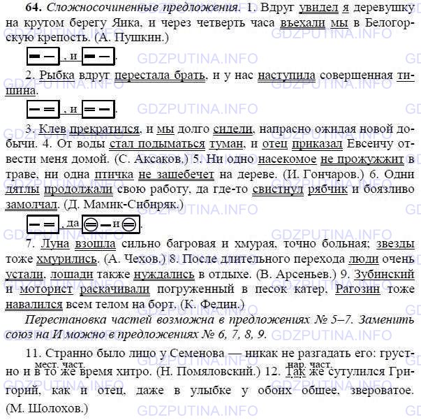 Решение 1: Номер №64 — ГДЗ по Русскому языку 9 класс: Ладыженская Т.А. | Выпишите сложносочинённые предложения, подчёркивая грамматические основы и ставя пропущенные запятые между простыми предложениями. Подумайте, возможна ли перестановка частей в данных предложениях. Каковы смысловые отношения между частями сложносочинённых предложений? В каких предложениях возможно употребление синонимичного союза и?<br /><br />• Запишите два последних предложения и объясните правописание и синтаксическую роль слов то же, так же. Как отличить эти сочетания от союзов тоже, также? Составьте схему 1, 2, 6-го предложений.<br /><br />1. Вдруг увидел я деревушку на крутом берегу Яика и через четверть часа въехали мы в Белогорскую крепость. (А, Пушкин.) 2. Рыбка вдруг перестала брать и у нас наступила совершенная тишина. 3. Клёв прекратился и мы долго сидели напрасно ожидая новой добычи. 4. От воды стал подыматься туман и отец приказал Евсеичу отвести меня домой. (С. Аксаков.) 5. Ни одно насекомое не прожужжит в траве ни одна птичка не защебечет на дереве. (И. Гончаров.) 6. Одни дятлы продолжали свою работу да где-то свистнул рябчик и боязливо замолчал. (Д. Мамин-Сибиряк.) 7. Луна взошла сильно багровая и хмурая, точно больная; звёзды тоже хмурились. (А. Чехов.) 8. После длительного перехода люди очень устали лошади также нуждались в отдыхе. (В. Арсеньев.) 9. Зубинский и моторист раскачивали погружённый в песок катер Рагозин тоже навалился всем телом на борт. (К. Федин.) 10. Способность к самопожертвованию тоже талант с ним нужно родиться. (П. Проскурин.) 11. Странно было лицо у Семёнова — никак не разгадать его: грустно и в то же время хитро. (Н. Помяловский.) 12. Так же сутулился Григорий, как и отец, даже в улыбке у обоих общее, звероватое. (М. Шолохов.)