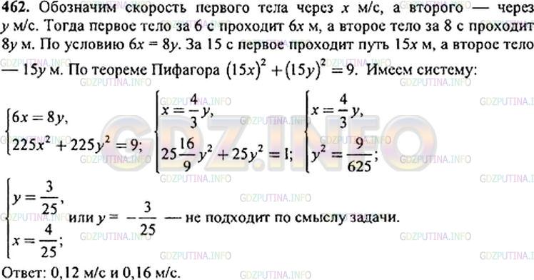 Решение 1: Номер задания №462 — ГДЗ по Алгебре 9 класс: Макарычев Ю.Н. | От вершины прямого угла по его сторонам начинают одновременно двигаться два тела. Через 15 с расстояние между ними стало равно 3 м. С какой скоростью двигалось каждое тело, если известно, что первое прошло за 6 с такое же расстояние, какое второе прошло за 8 с?