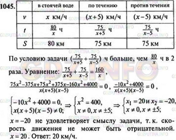 Решение 1: Номер задания №945 — ГДЗ по Алгебре 9 класс: Макарычев Ю.Н. | Катер прошел 75 км по течению реки и столько же против течения. На весь путь он затратил в 2 раза больше времени, чем ему понадобилось бы, чтобы пройти 80 км в стоячей воде. Какова скорость катера в стоячей воде, если скорость течения равна 5 км/ч?