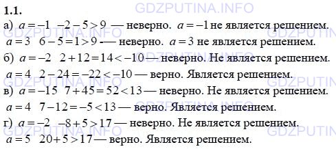Решение 1: Задание №1.1 — ГДЗ по Алгебре 9 класс: Мордкович А.Г. | Является ли данное число a решением данного неравенства:<br />а) 2х - 5 > 9;   a = -1, a = 3;<br />б) 2 - 6х < -10;   a = -2, a = 4;<br />в) 7 - 3х < 13;   a = -15, a = 4;<br />г) 4х + 5 > 17;   a = -2, a = 5?