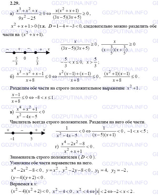Решение 1: Задание №2.29 — ГДЗ по Алгебре 9 класс: Мордкович А.Г. | Решите неравенство:<br />a) (х^3 + х^2 + x) / (9х^2 - 25) ≥ 0;<br />б) (х^3 - х^2 + x - 1) / (х + 8) ≤ 0;<br />в) (х^4 + х^2 +1) / (х^2 - 4х - 5) < 0;<br />г) (х^4 - 2х^2 - 8) / (х^2 + х +1) < 0.