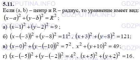 Решение 1: Задание №5.11 — ГДЗ по Алгебре 9 класс: Мордкович А.Г. | Напишите уравнение окружности:<br />а) с центром в точке А(1; 2) и радиусом 3;<br />б) с центром в точке В(-3; 8) и радиусом 11;<br />в) с центром в точке С(0; -10) и радиусом 7;<br />г) с центром в точке D(-5; -2) и радиусом 4.