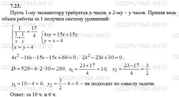 Решение 1: Задание №7.23 — ГДЗ по Алгебре 9 класс: Мордкович А.Г. | Два экскаватора, работая одновременно, выполнят некоторый объем земляных работ за 3 ч 45 мин. Один экскаватор, работая отдельно, может выполнить этот объем работ на 4 ч быстрее, чем другой. Сколько времени требуется каждому экскаватору в отдельности для выполнения того же объема земляных работ?