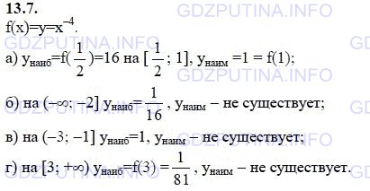 Решение 1: Задание №13.7 — ГДЗ по Алгебре 9 класс: Мордкович А.Г. | Найдите наименьшее и наибольшее значения функции y = х^-4:<br />а) на отрезке [1/2; 1]; <br />б) на луче (-∞; -2]; <br />в) на полуинтервале (-3; -1];<br />г) на луче [3; +∞).