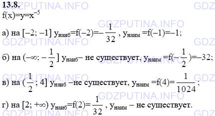Решение 1: Задание №13.8 — ГДЗ по Алгебре 9 класс: Мордкович А.Г. | Найдите наименьшее и наибольшее значения функции у = x^-5:<br />а) на отрезке [-2; -1];<br />б) на луче ( -∞; -1/2];<br />в) на полуинтервале (1/2; 4];<br />г) на луче [2; +∞).