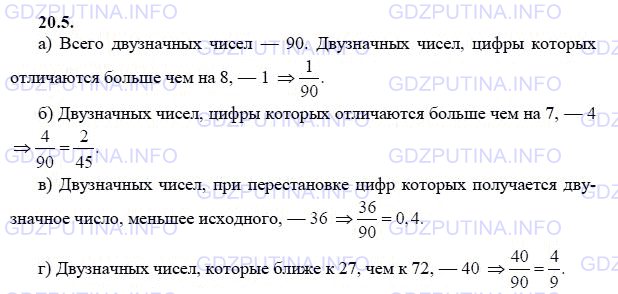 Решение 1: Задание №20.5 — ГДЗ по Алгебре 9 класс: Мордкович А.Г. | Случайным образом выбрали двузначное число. Найдите вероятность того, что:<br />а) его цифры различаются больше чем на 8;<br />б) его цифры различаются больше чем на 7;<br />в) при перестановке цифр местами получится двузначное число меньшее исходного;<br />г) оно ближе к 27, чем к 72.