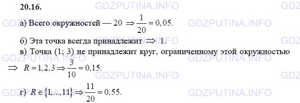 Решение 1: Задание №20.16 — ГДЗ по Алгебре 9 класс: Мордкович А.Г. | В уравнение окружности х^2 + у^2 = R^2 в качестве радиуса R подставляют натуральное число от 1 до 20. Найдите вероятность того, что:<br />а) точка (1; 0) будет лежать на этой окружности;<br />б) точка (0; -1) будет принадлежать кругу, который ограничен этой окружностью;<br />в) точка (1; 3) не будет принадлежать кругу, который ограничен этой окружностью;<br />г) эта окружность не будет пересекать прямую у = √123.