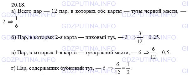 Решение 1: Задание №20.18 — ГДЗ по Алгебре 9 класс: Мордкович А.Г. | Из четырех тузов случайным образом поочередно вытащили две карты. Найдите вероятность того, что:<br />а) обе карты — тузы черной масти;<br />б) вторая карта — пиковый туз;<br />в) первая карта — туз красной масти;<br />г) среди выбранных карт есть бубновый туз.