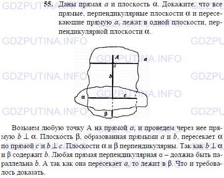 Решение 1: Задача №55, Параграф 3 — ГДЗ по Геометрии 10-11 класс: Погорелов А.В. | Даны прямая а и плоскость α.<br /><br />Докажите, что все прямые, перпендикулярные плоскости α и пересекающие прямую а, лежат в одной плоскости, перпендикулярной плоскости α.