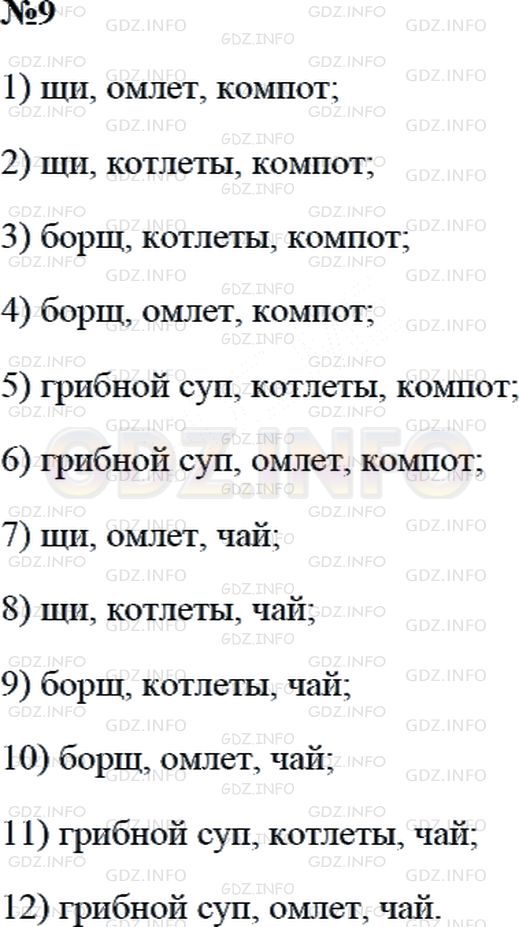 Решение 2: Страница 54 №9, Часть 1 — ГДЗ по Математике 3 класс: Дорофеев Г.В. | В школьной столовой можно взять щи, борщ, грибной суп, омлет, мясные котлеты, ко