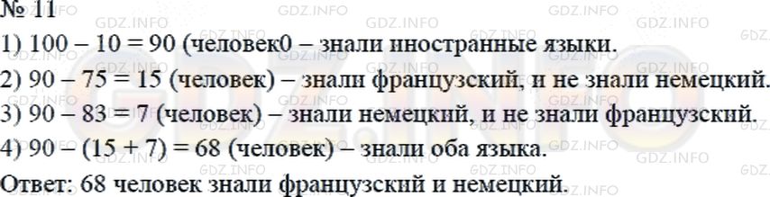 Решение 2: Страница 44 №11, Часть 1 — ГДЗ по Математике 4 класс: Дорофеев Г.В. | В гостиницу приехали 100 туристов. Из них 10 человек не знали ни немецкого, ни ф