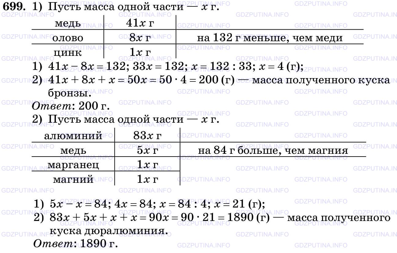 Решение 2: Номер №699 — ГДЗ по Математике 5 класс: Виленкин Н.Я. | Решите задачу:<br />1) Бронза содержит (по массе) 41 часть меди, 8 частей олова 