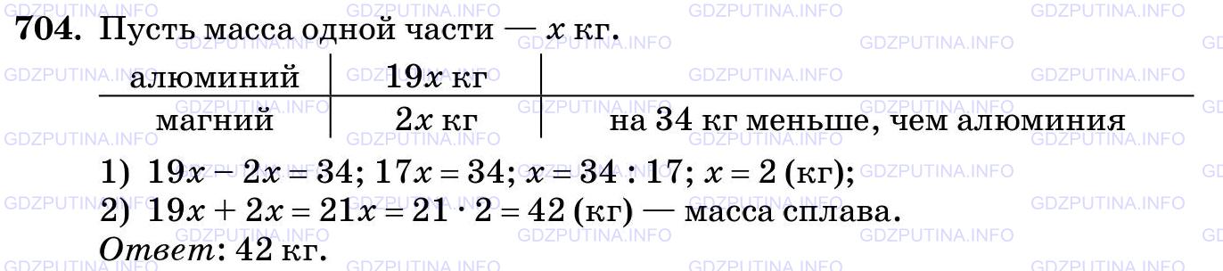 Решение 2: Номер №704 — ГДЗ по Математике 5 класс: Виленкин Н.Я. | Сплав состоит из 19 частей алюминия и 2 частей магния (по массе). Какова масса с